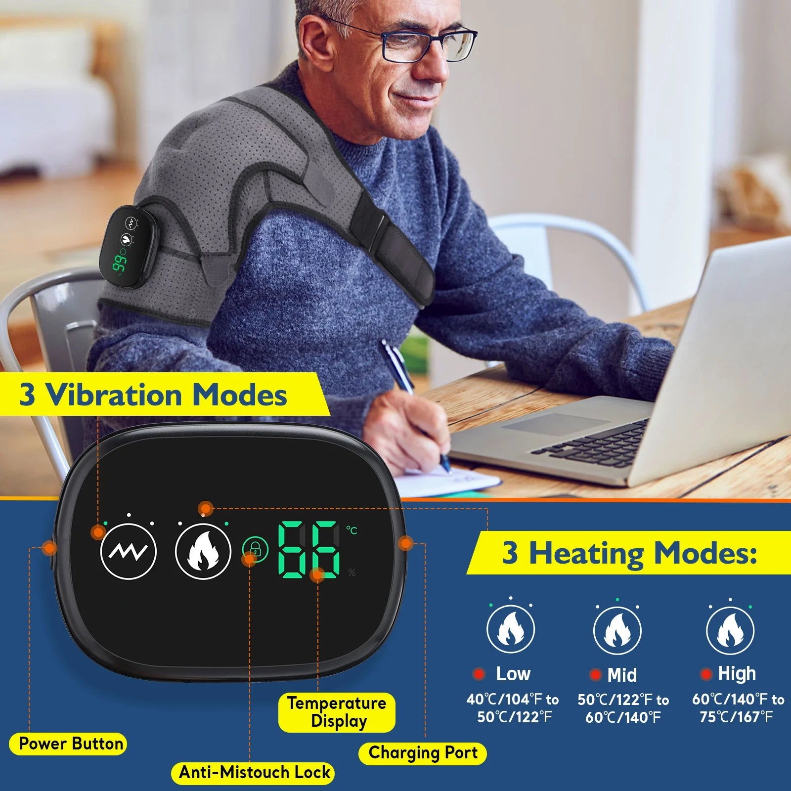 Shoulder Heating Pad with Massage, Electric Heated Shoulder Wrap for Men Women, Cordless Vibration Massage Heated Shoulder Brace with 3 Heating & Vibrations,Left Right Shoulder Massage for Relaxation