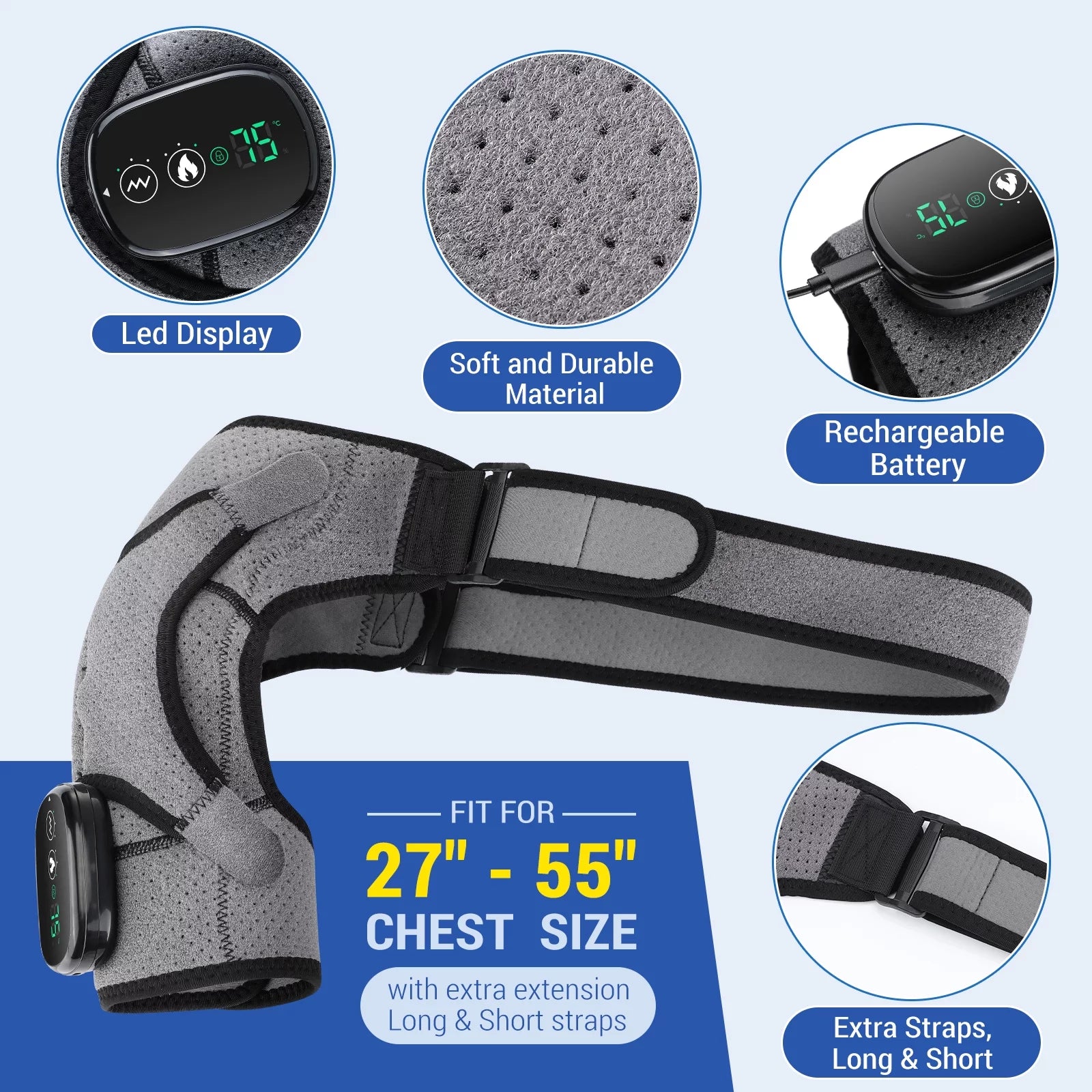 Shoulder Heating Pad with Massage, Electric Heated Shoulder Wrap for Men Women, Cordless Vibration Massage Heated Shoulder Brace with 3 Heating & Vibrations,Left Right Shoulder Massage for Relaxation